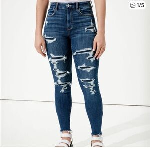 American Eagle Outfitters Dark Blue Distressed Curvy High-Rise Jeggings